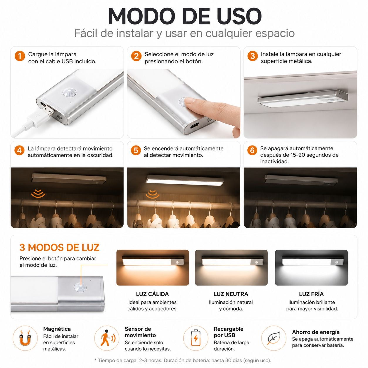Tira led con sensor de movimiento carga USB-c y base adhesiva