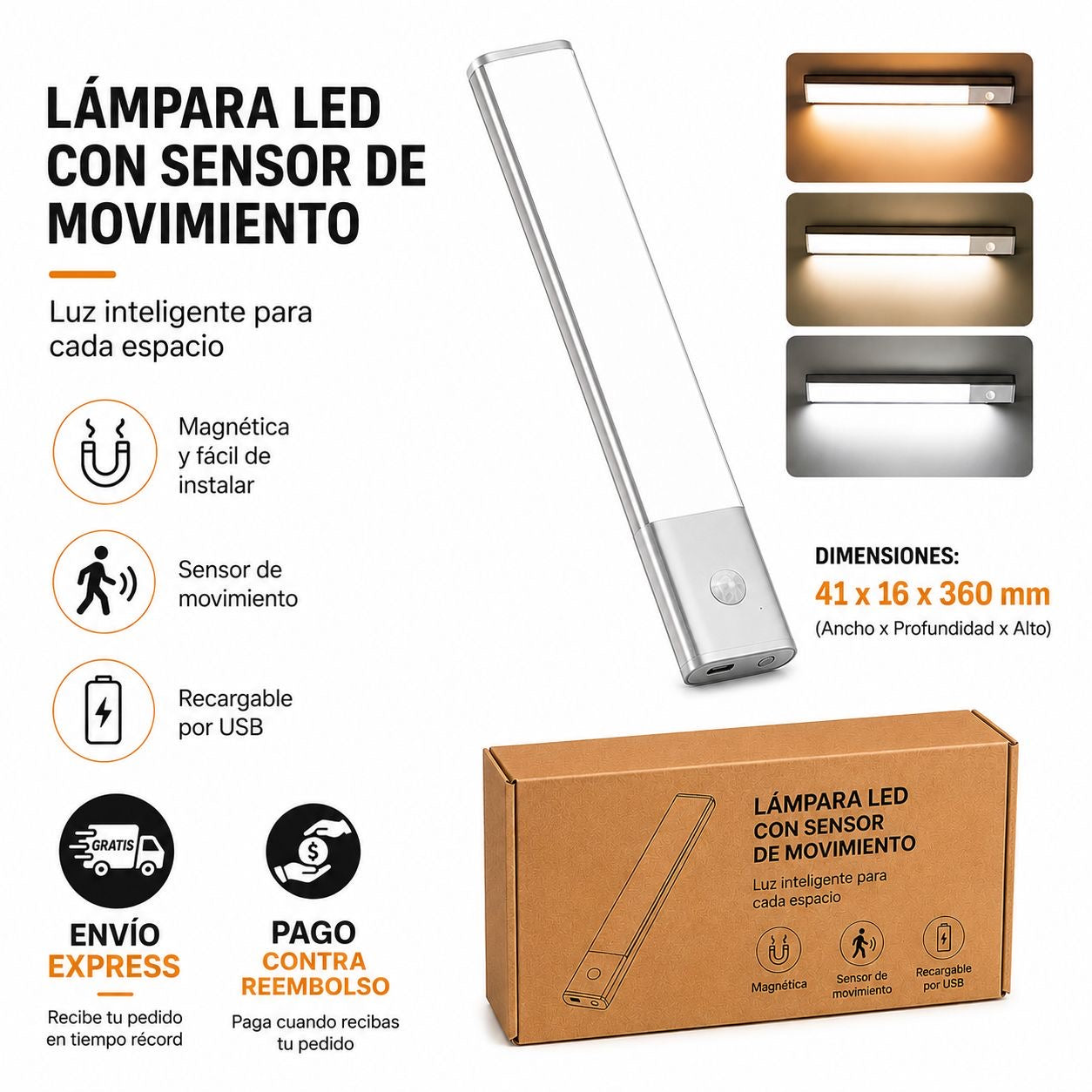 Tira led con sensor de movimiento carga USB-c y base adhesiva