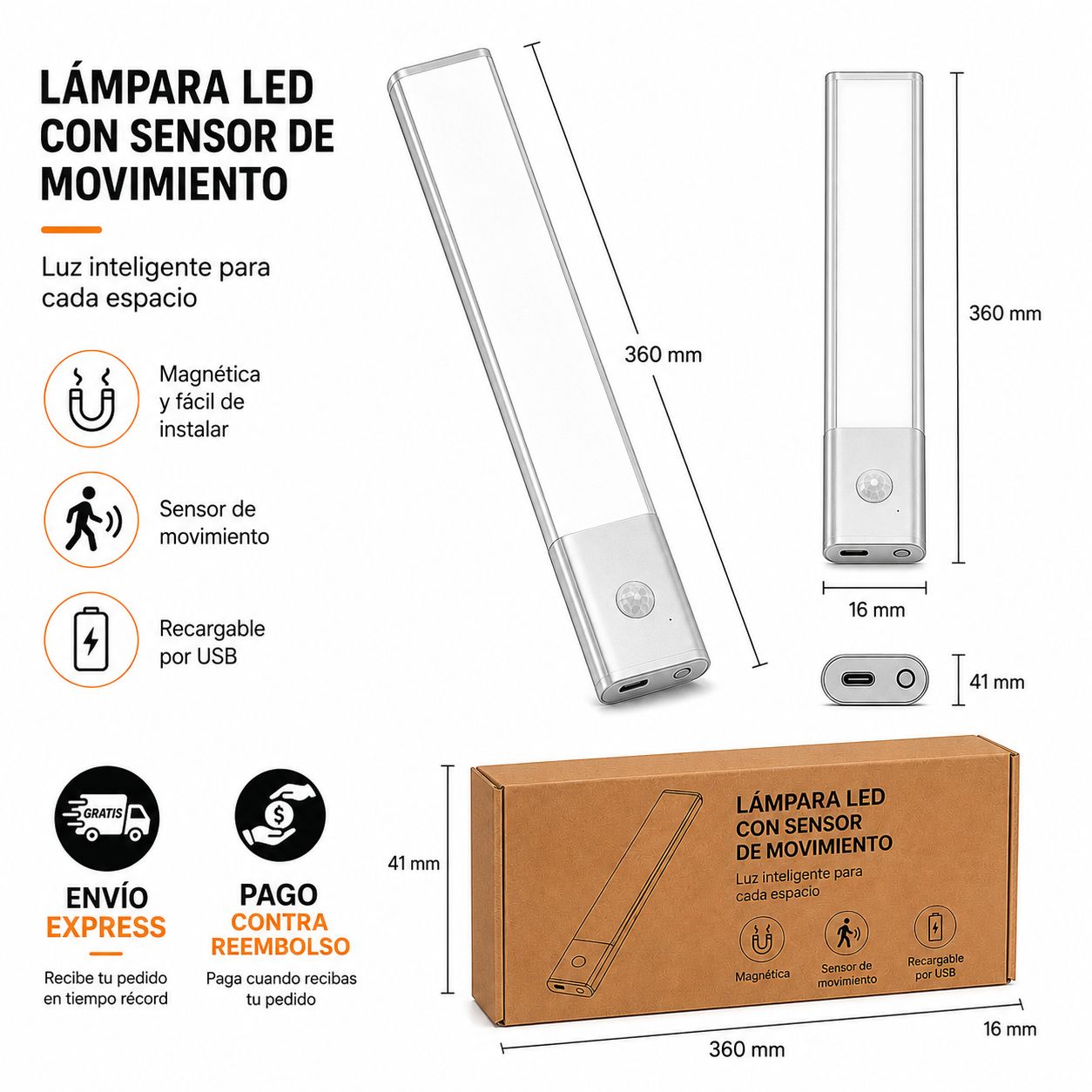 Tira led con sensor de movimiento carga USB-c y base adhesiva