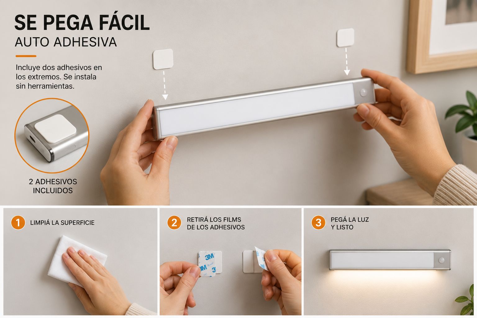 Tira led con sensor de movimiento carga USB-c y base adhesiva