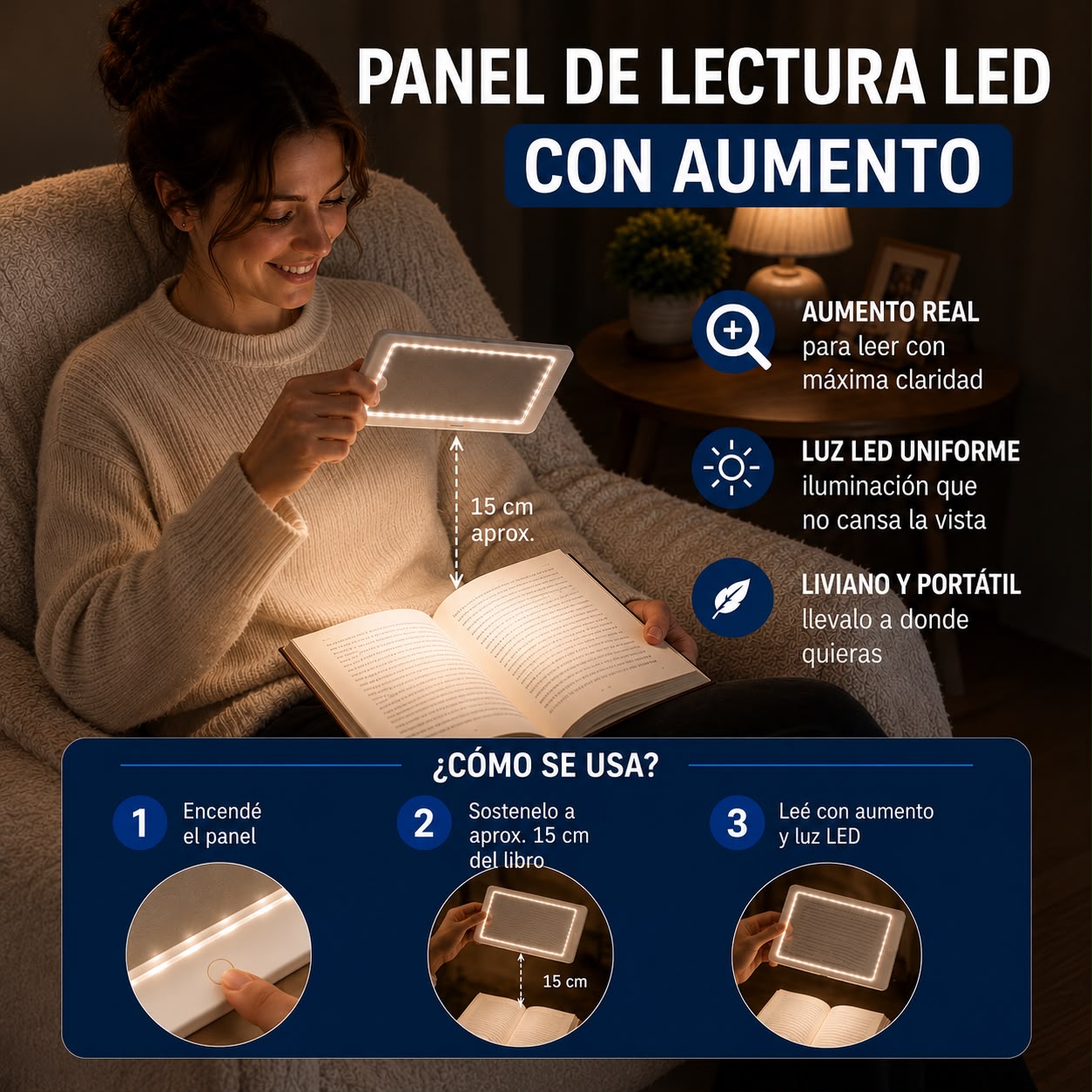 Combo panel de lectura (lupa) 🔍+ panel de lectura led sin aumento 📚✨